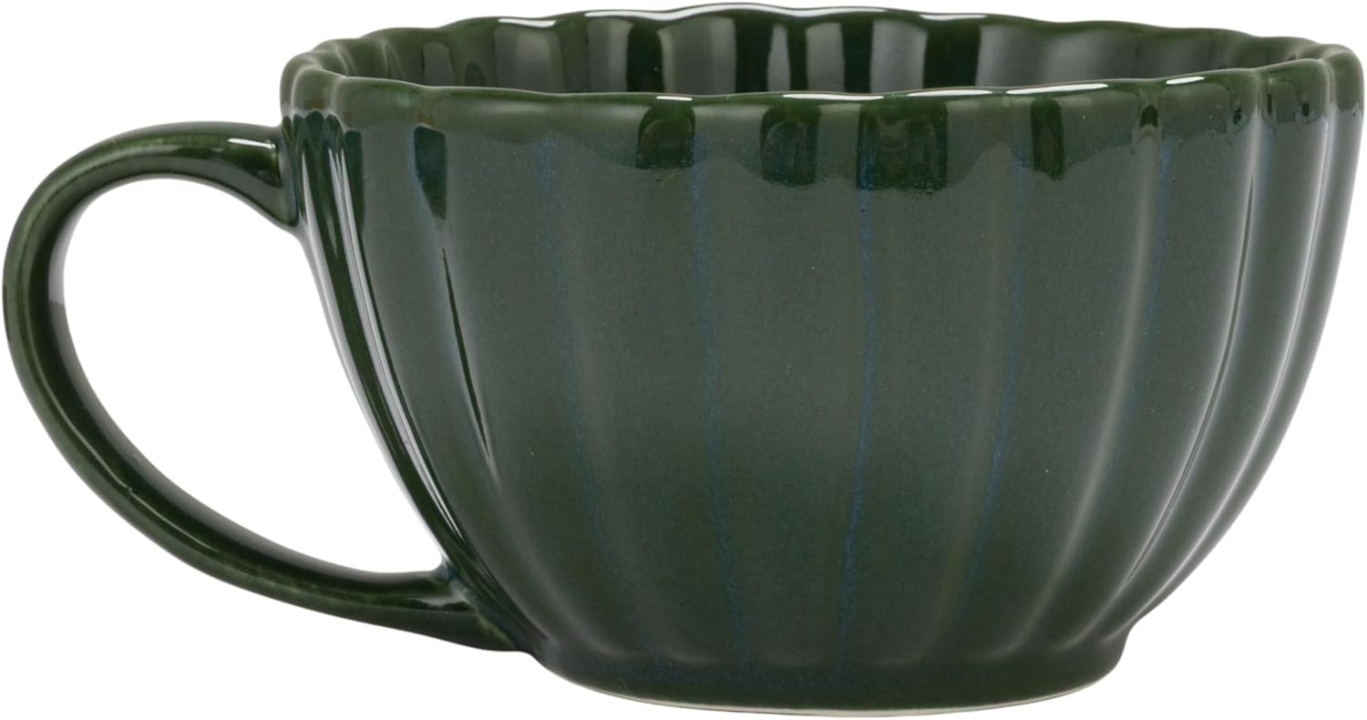 Creative Co-Op 10-Ounce Stoneware Ribbed Mug with Saucer in Reactive Glaze, Green