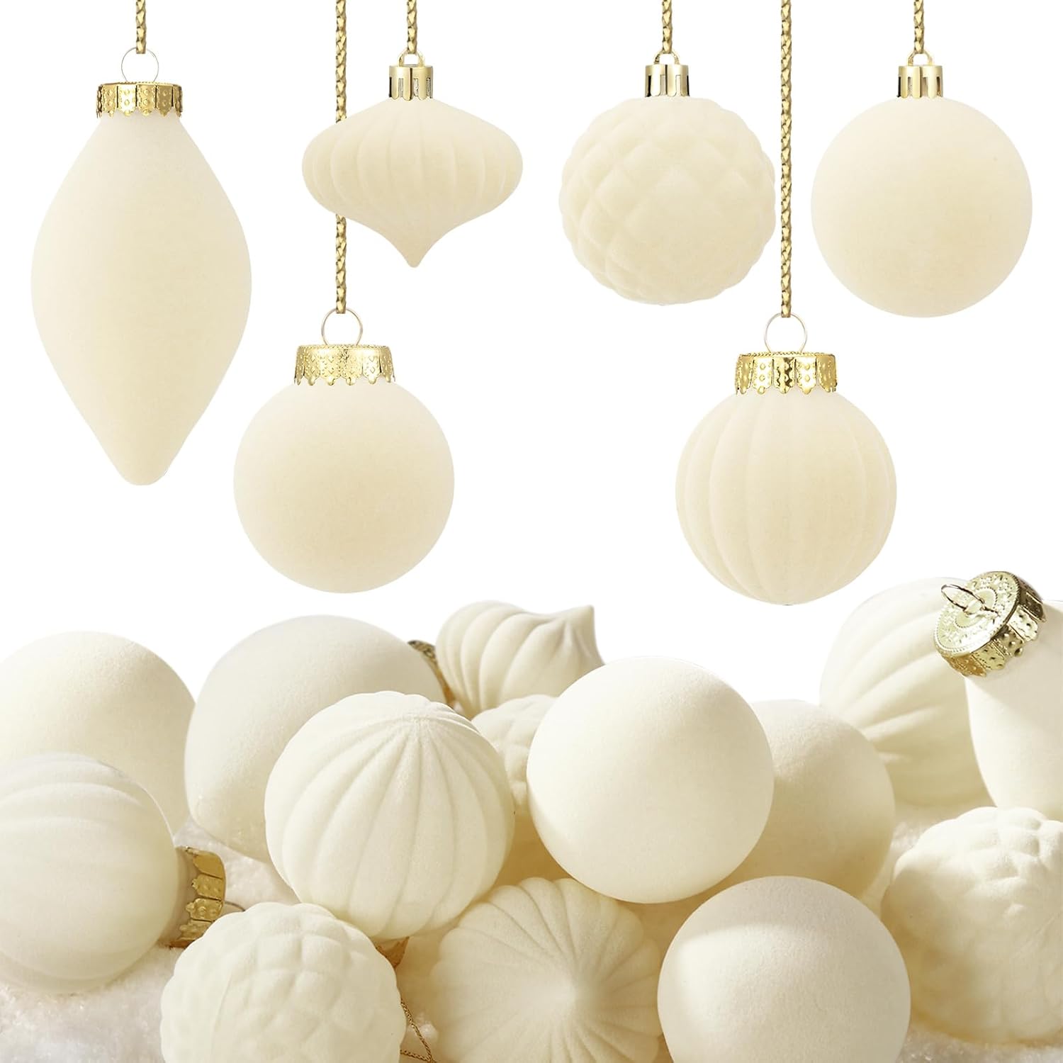 Syhood 18 Pcs Cream White Velvet Christmas Ball Ornaments Bulk 2.36 Inch Shatterproof Flocked Hanging Ornaments Christmas Tree Ball Decor for Xmas Holiday Rustic Farmhouse Mantel Wedding Home Decor