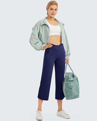 Miniatura 3 de G4Free Pantalones capri de pierna ancha para mujer, pantalones capri elásticos cruzados con bolsillos, pantalones cortos de cintura alta