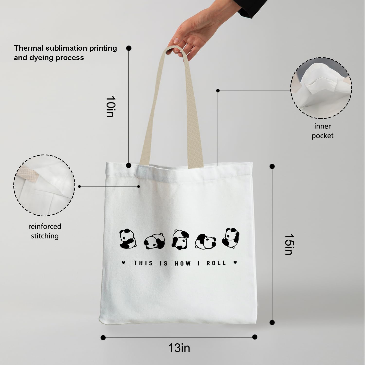 Cute Panda Canvas Tote bag, Panda Gifts for Girls Women, Panda Stuff, This is How I Roll Panda Tote Bag, Gifts for Panda Lovers, Reusable Grocery Bags Shopping Bags - Image 6
