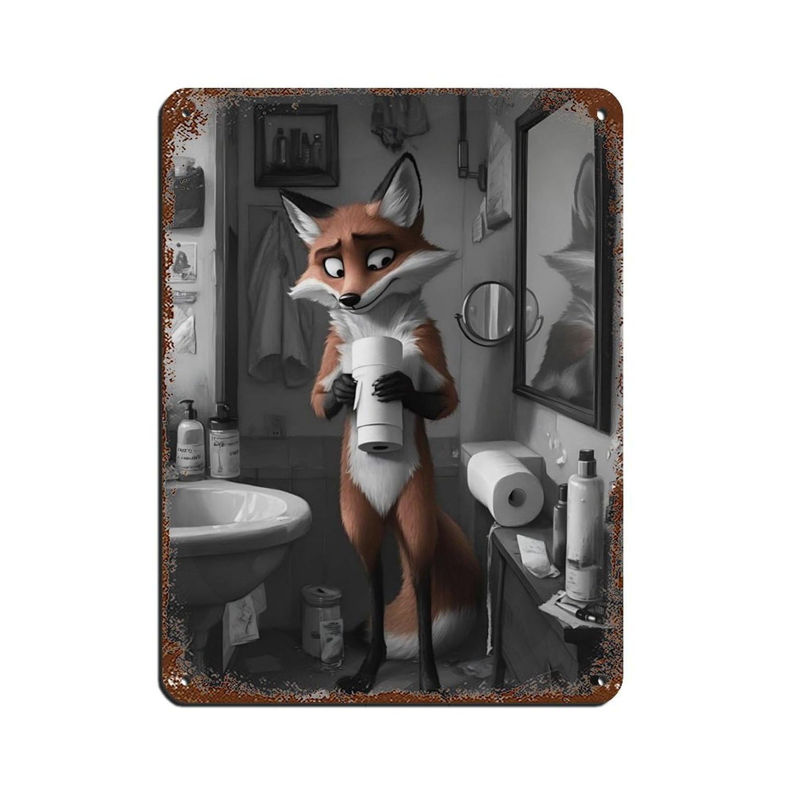 Funny Fox Holding Toilet Paper Retro Poster Metal Tin Sign Chic Art Retro Iron Painting Bar People Cave Cafe Family Garage Poster Wall Decoration 12x16inch(30x40cm)