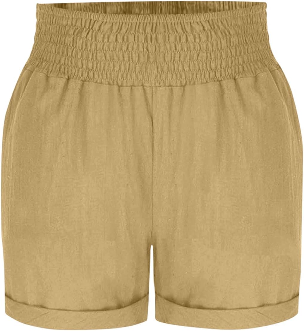 Linen Shorts for Women Casual Comfy Shorts Summer Trendy High Waisted Short Roll Hem Pleated Short with Pockets
