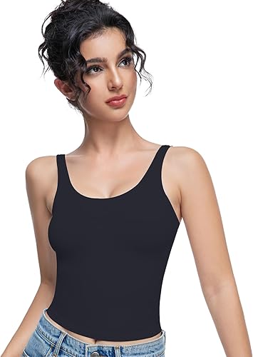 Yuiseaik Women's Square Neck Tank Top Sleeveless Double Lined Basic Crop Tops Su