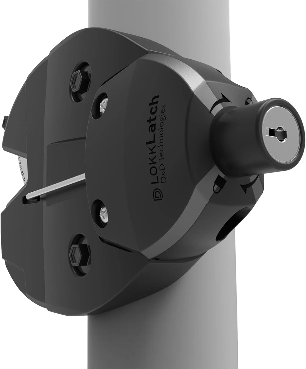 D&D Technologies LL3ABRND LokkLatch Round Post Gate Latch with External Access Button, Key Lockable and Operates On Both Sides of The Gate, for Round and Chain Link Frame Posts, Black