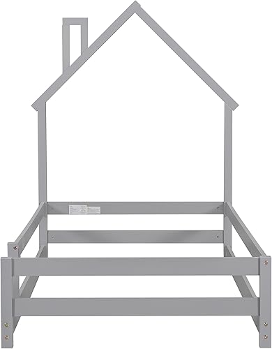 Miniatura 9 de Harper & Bright Designs Cama de suelo de tamaño individual con rieles, cama Montessori individual con marco de madera con cabecera en forma de casa,