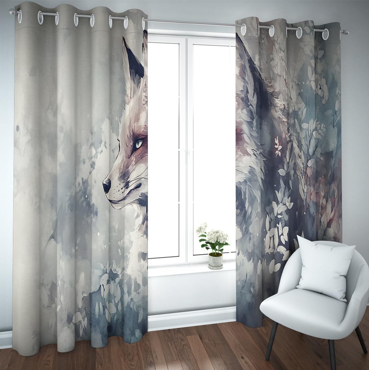 Rideaux occultants renard et fleurs W175xL180cm double panneau pour le salon de maison