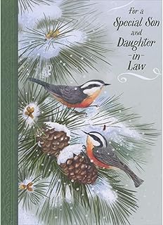 Designer Greetings Two Birds with Black Striped Eyes on Snow Covered Pine Branches and Pine Cones Religious Christmas Card for Son and Daughter-in-Law