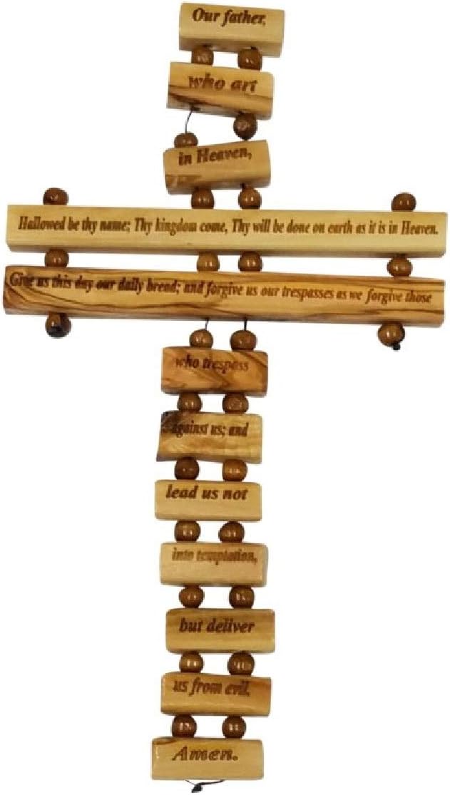 Bethlehem Gifts TM Olive Wood Father in Heaven Lord's Prayer Hanging Cross (English 18")