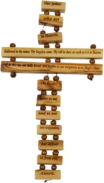 Bethlehem Gifts TM Olive Wood Crucifix/Wall Cross Adorned with the Our Father Prayer English Small Version from Jerusalem Hand Crafted by Artisans in Bethlehem the Heart of the holy Land