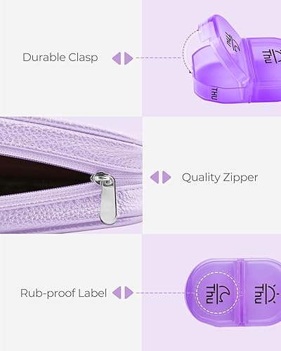 Miniatura 7 de Lindo organizador de píldoras 2 veces al día, AMOOS de piel sintética para mujer, pastillero semanal portátil para bolso con bolsa de almacenamiento