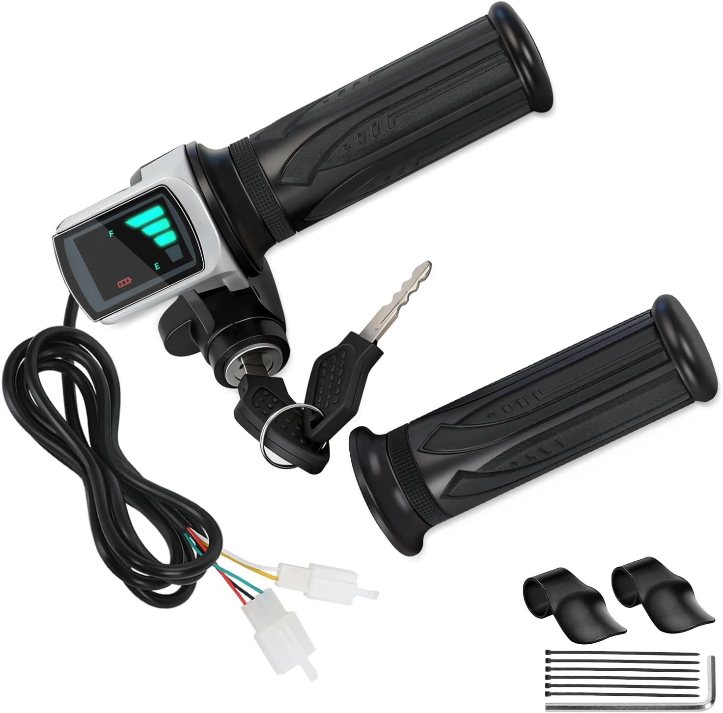EOPOAYI 48V Half Twist Throttle Ebike with Ignition Key Lock and LED Display Replacement for Electric Bike Motorcycle Electric Scooter, 3 Pin E Bike Throttle Grip for Mountain Bike Bicycle Parts