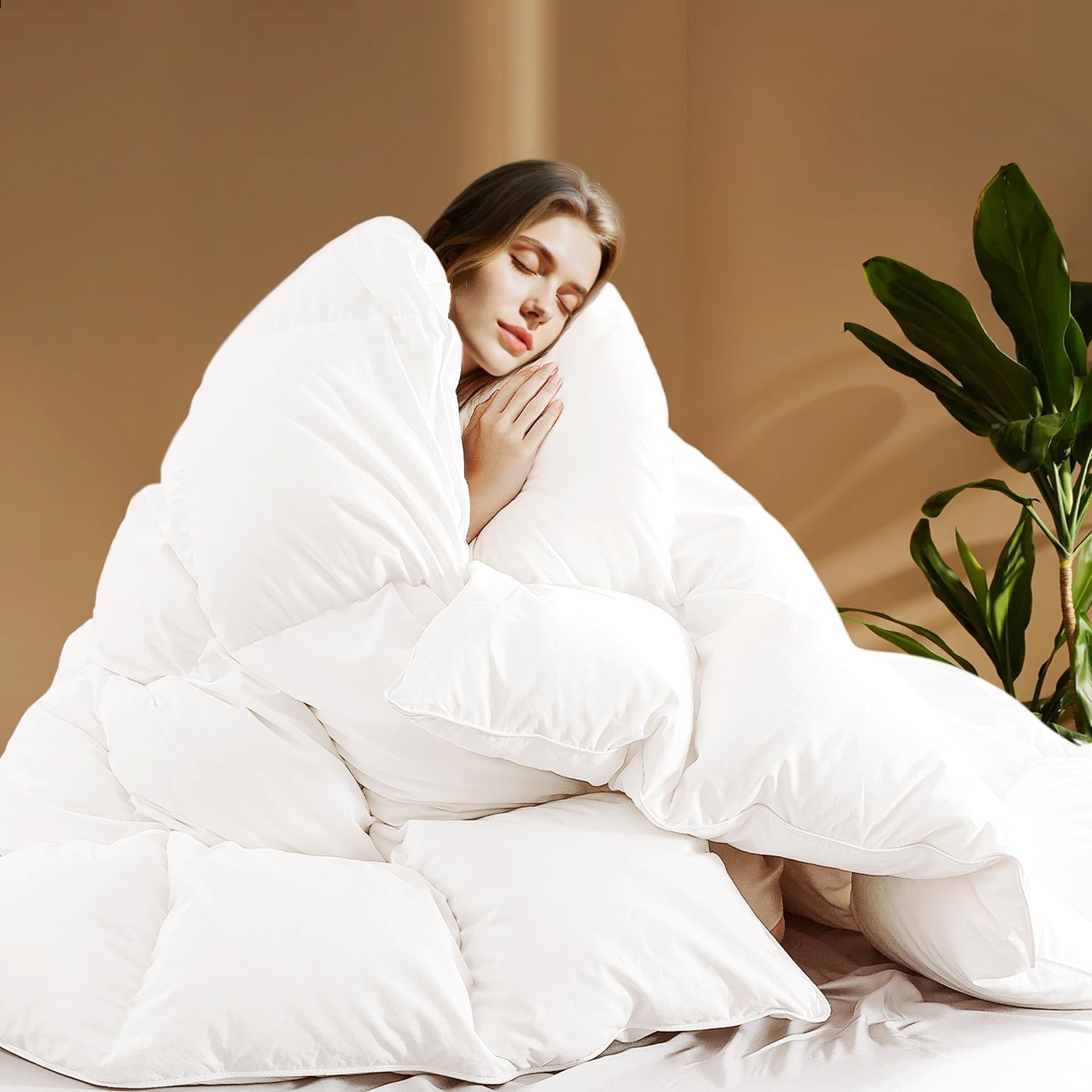 SHOUREN White Luxurious Goose Feather Down Fiber Comforter, All Season Hotel Collection Bed Comforter，Ultra Soft 100% Cotton Duvet Insert with Corner Tabs,