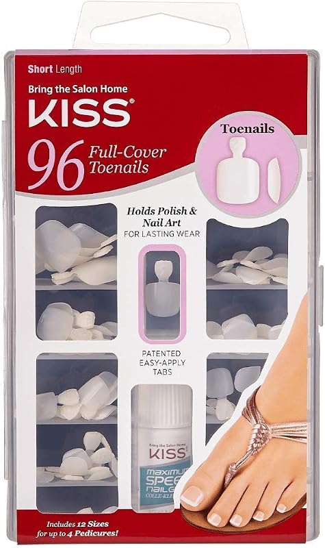 96 Full Cover Toenails Kit, Long Lasting Fake Nails, DIY Home Manicure Set with Pink Gel Nail Glue 3 g / 0.11 oz. and 96 Fake Toenails in 12 Sizes for up to 4 pedicures