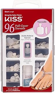 KISS 96 Full Cover Toenails Kit, Long Lasting Fake Nails, DIY Home Manicure Set with Pink Gel Nail Glue 3 g / 0.11 oz. and 96 Fake Toenails in 12 Sizes for up to 4 pedicures