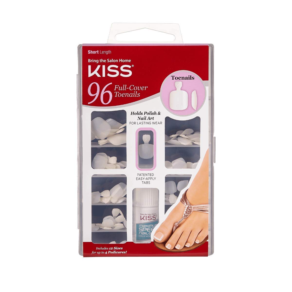 96 Full Cover Toenails Kit, Long Lasting Fake Nails, DIY Home Manicure Set with Pink Gel Nail Glue 3 g / 0.11 oz. and 96 Fake Toenails in 12 Sizes for up to 4 pedicures