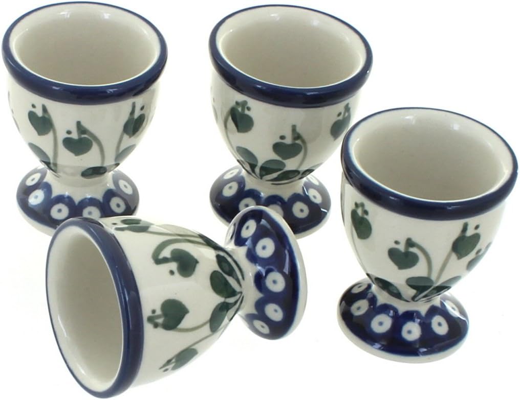 Blue Rose Polish Pottery - Blue Alyce Egg Cup Set - 4 2.25" Tall Egg Cups - Durable Stoneware Cups for Soft or Hard Boiled Eggs