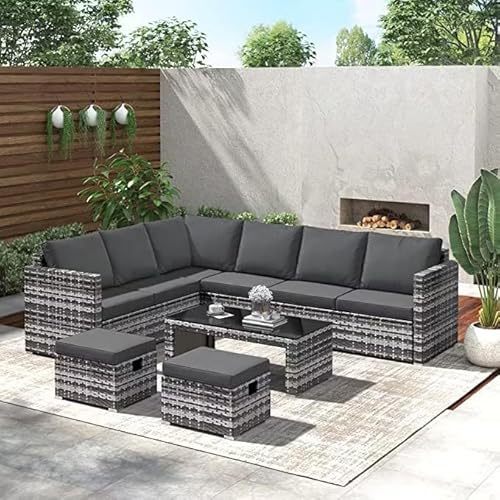 LTGB Garden Furniture Sets, Garden Corner Sofa Set, 8 Seater Rattan Sofa Outdoor Furniture with Coffee table 2 stools【UK Fast Delivery】