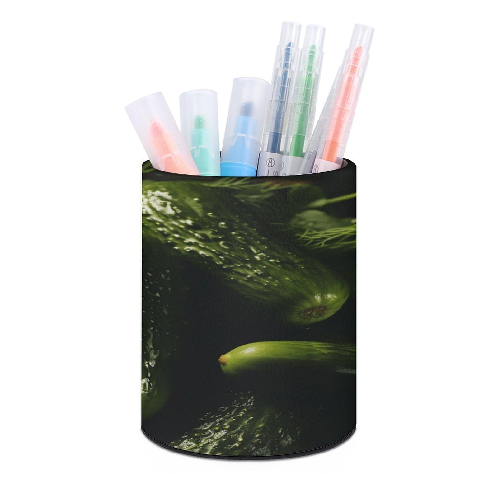 VstaDank Pickle Pen Holder PU Leather Pencil Cup Minimalist Desk Pencil Holder Round Make Up Brush Organizers For Office Dorm Room&Vanity Desk Accessories
