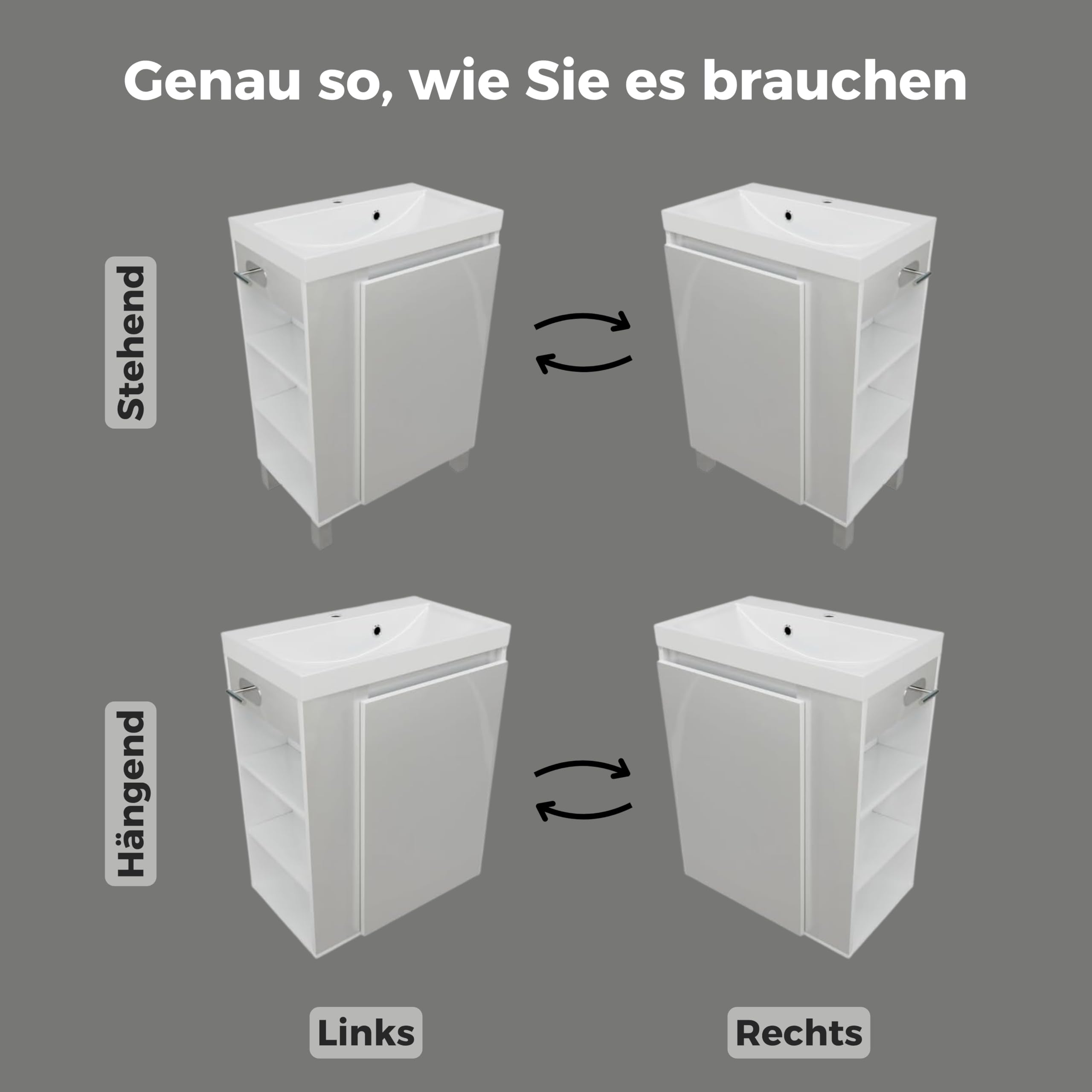 Waschbecken mit Unterschrank SEVA, 57 cm Breite, Waschtisch Stehend oder Hängend, Badmöbel Set für Badezimmer, Waschbeckenunterschrank mit Toilettenpapierhalter - Weiß