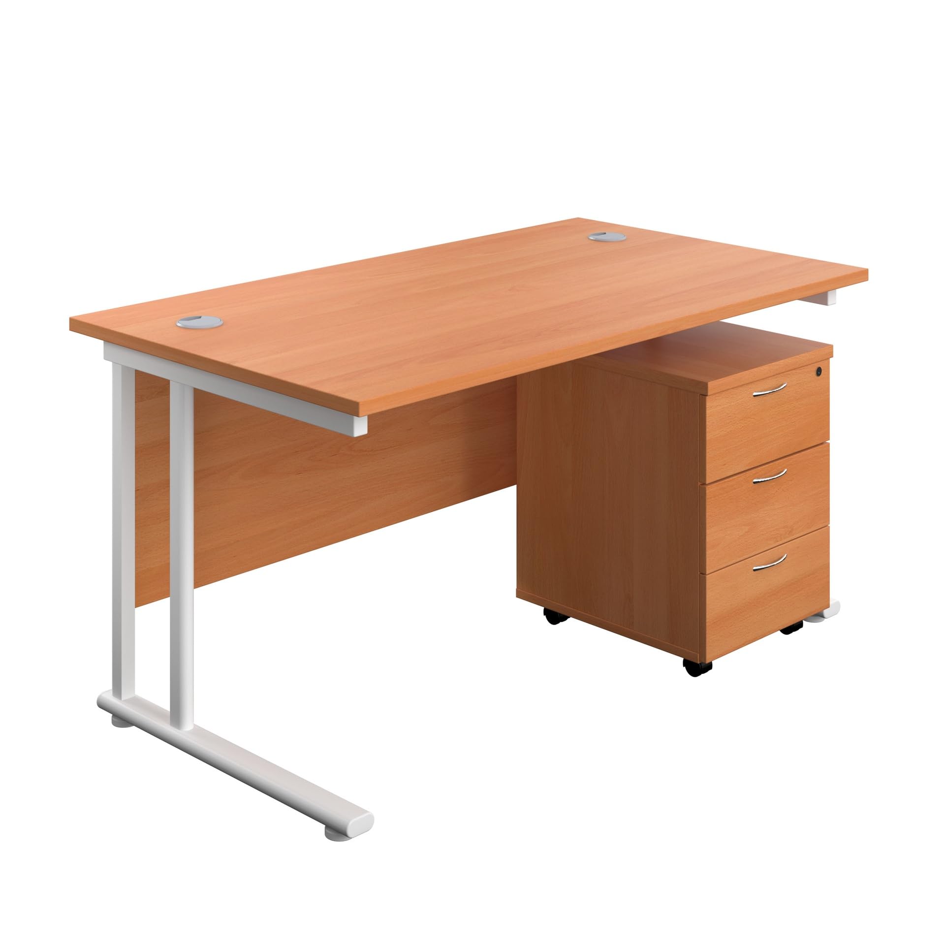 Office Hippo Heavy Duty Rectangular Cantilever Office Desk, Home Office Desk With 3 Drawer Lockable Mobile Pedestal Cabinet, File Cabinet, 5 Yr Wty, White Frame, Beech, 140 x 80 cm