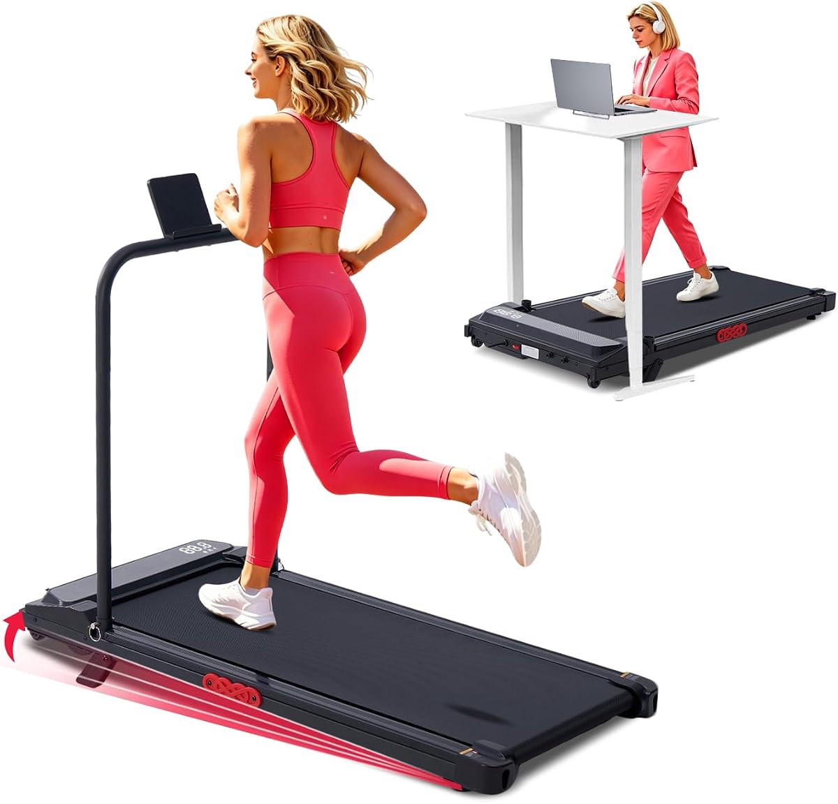 Portable Walking Pad Treadmill with Incline and Handle Bar for Home 3.0HP Mini Walking Pad with Handle Bar, 0.6-7.6MPH Treadmill for Small Spaces, 350LBS Treadmills with Handles