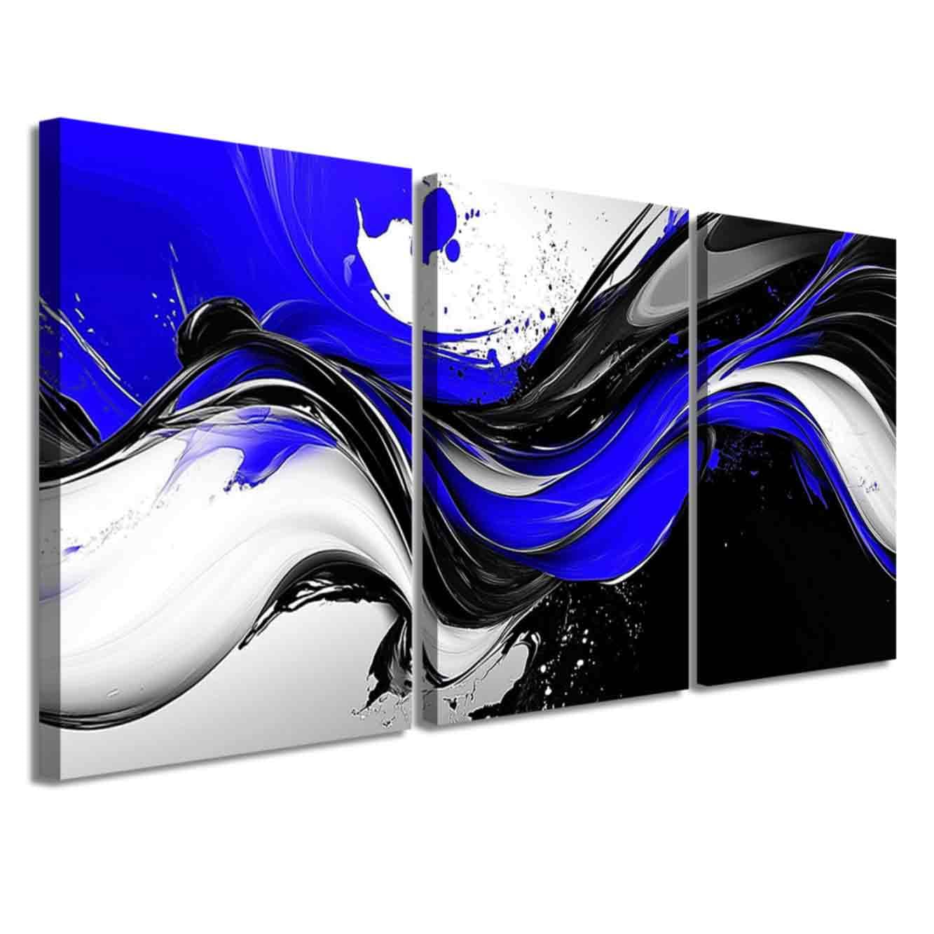 LZIMU 3 Pieces Abstract Wall Art Black White Picture Prints Graffiti Splash Ink Canvas Painting Modern Neutral Aesthetic Artwork Office Living Room Bathroom Decor (Blue, (16x24inchx3 Pieces))