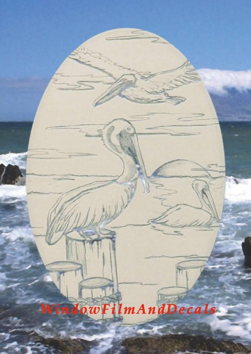 Oval Pelican Etched Window Decal Vinyl Glass Cling - 21" x 33" - White with Clear Design Elements