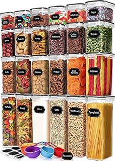 KAHEIGN 24Pcs Airtight Food Storage Container, 4 Size Plastic Cereal Storage Container BPA Free Clear Pantry Canister with Lids for Flour Sugar Rice Dry Food - with Labels, Marker & Spoon