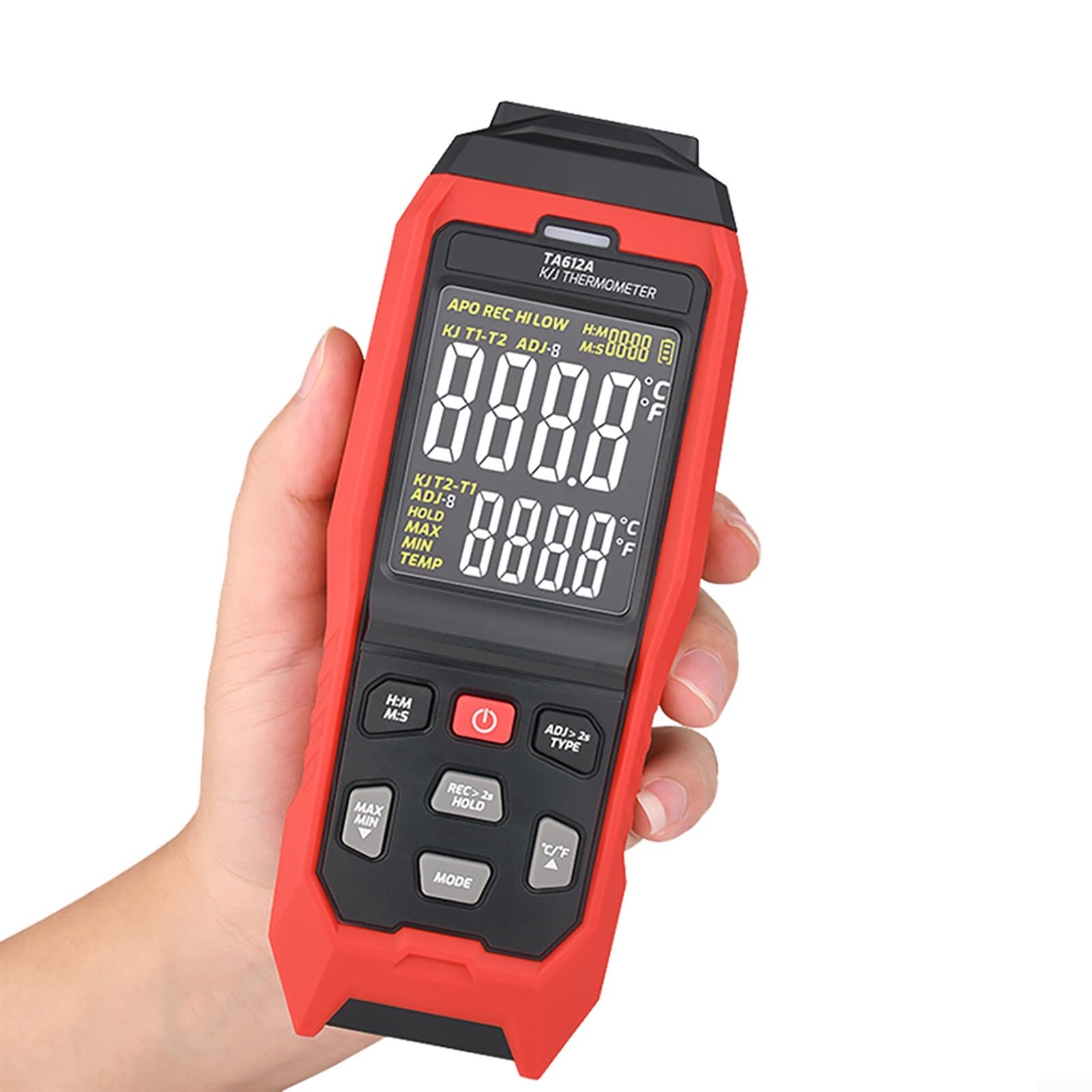 TA612A Digitales Thermometer K/J Typ mit USB-C, Temperaturmesser -200 bis 1372°C, Datenlogger für 9999 Werte, Alarmfunktion, tragbar für Industrie und Labor