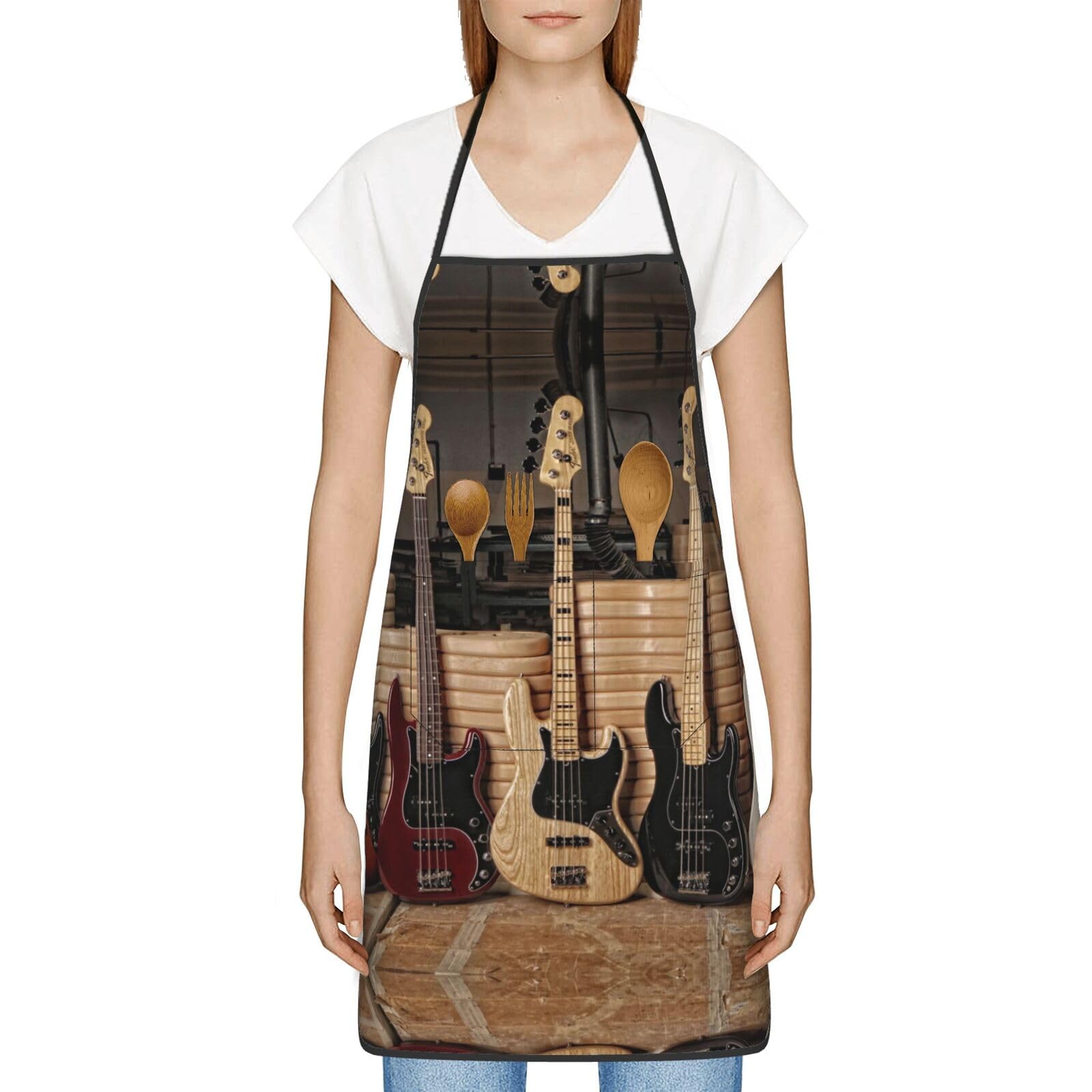 HAHAFU Guitar Bass Music Musical Instruments Chef Apron For Women Men,Print Polyester Work Cooking Aprons With Adjustable Strap And Large Pocket