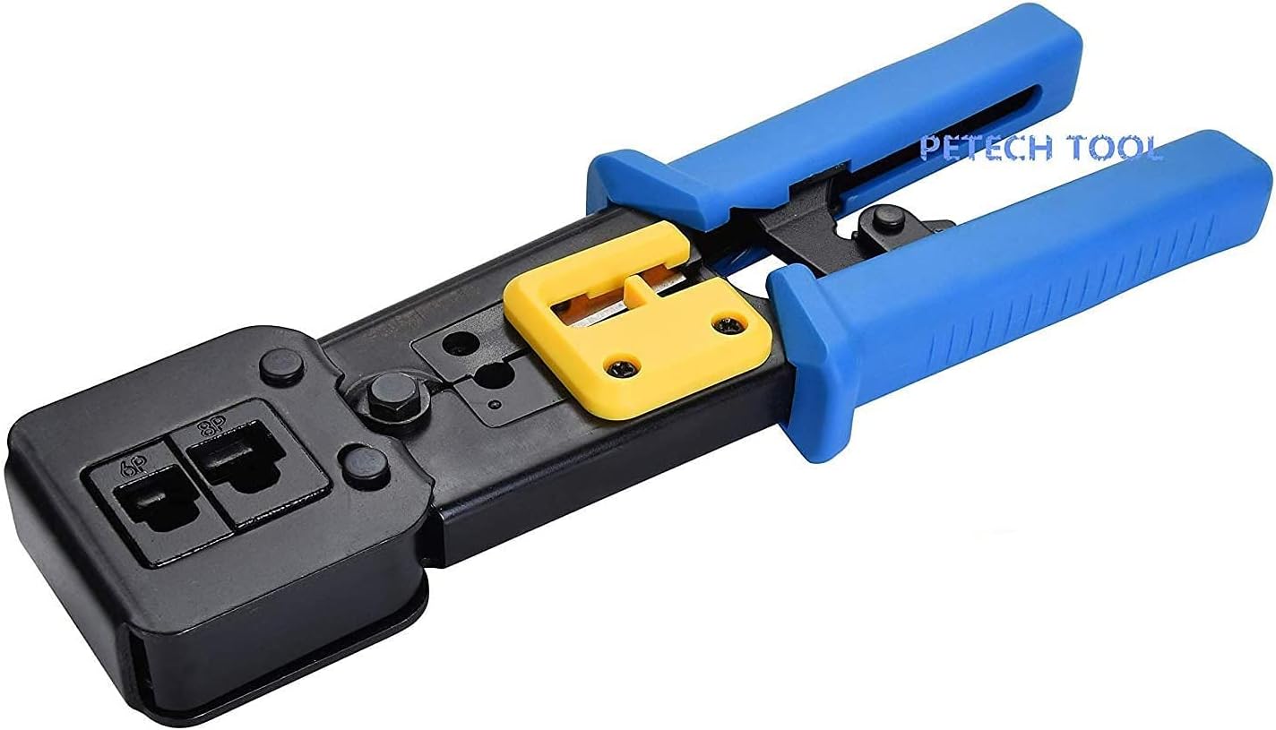 PETECHTOOL RJ45 Crimp Tool Ethernet Pass Thru Crimper with 5Pack 8Pin Replacement Blades for Pass Through Cat5 Cat5e Cat6 RJ45 RJ12 Regular and End Pass Through connectors