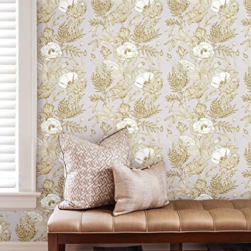 Blooming Wall Elegant Modern Gold Lotus Lily Leaf Peel And Stick Wallpaper Self-Adhesive Prepasted Wallpaper Wall Mural Wall Decor (17.7“X118”, Metallic Gold) #TOP2