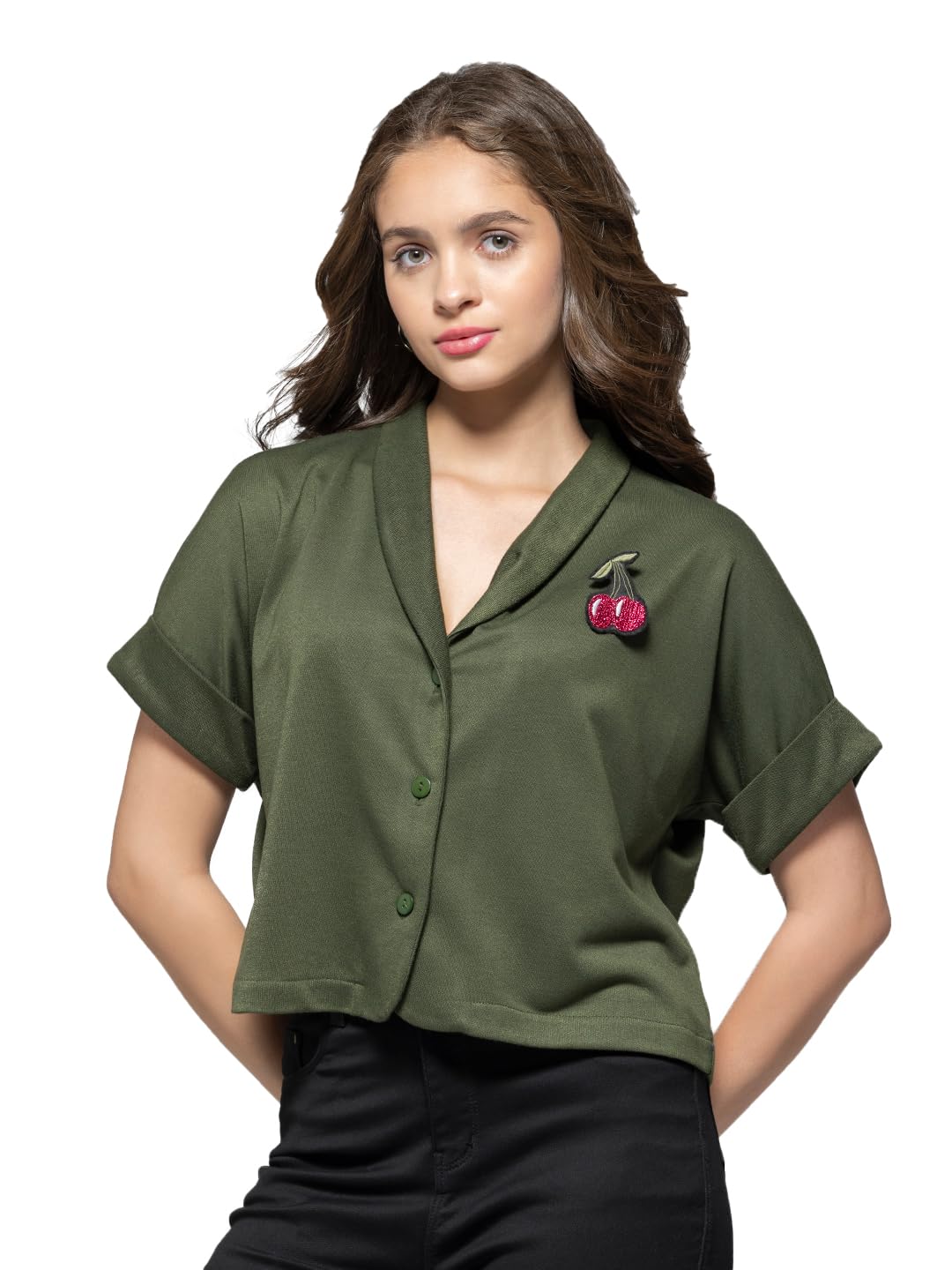 Shawl Collar Olive Green Solid Short Sleeves Cardigan For Women-image-43