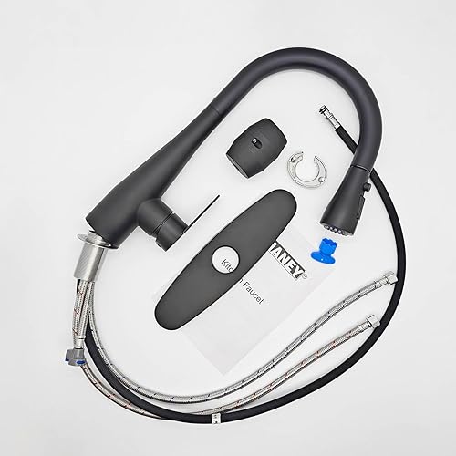 Miniatura 9 de Grifo de cocina de arco alto negro extraíble de una sola manija, estilo, moderno, compatible, antihuellas dactilares, grifos de fregadero de cocina