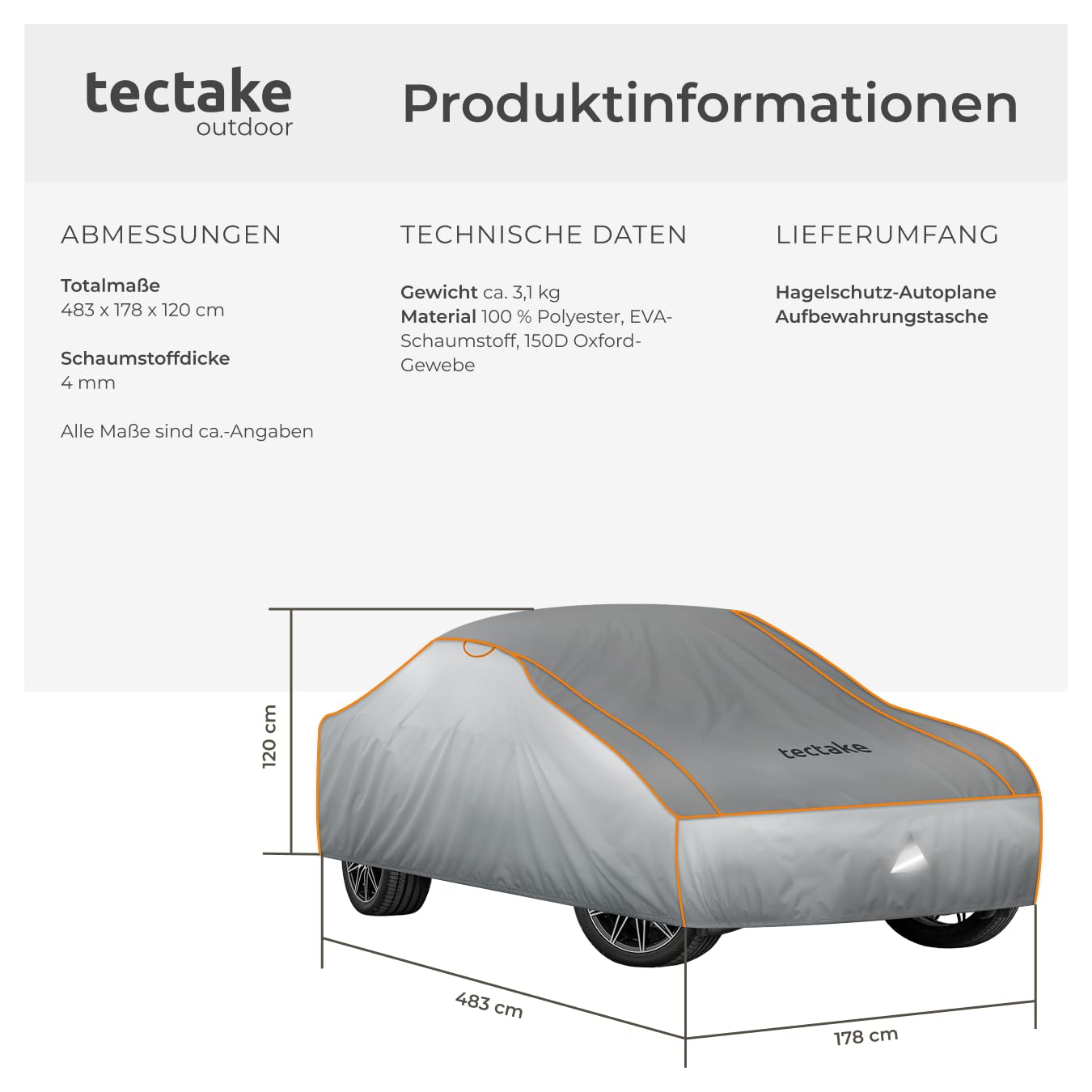 tectake® Auto Abdeckplane, Hagelschutz Autoplane, Autoabdeckung, wasserdichte Decke, atmungsaktiv, elastische Autogarage, Auto Zubehör mit Aufbewahrungstasche, kompatibel mit vielen Modellen - Größe L