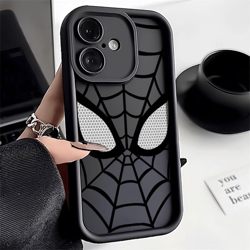 Image of Stylish Spider Back Case Cover Compatible for iPhone 16 | Spidey Face Mask Case | Soft Silicone | Camera & Full Body Protection | Shock Proof | (Black)