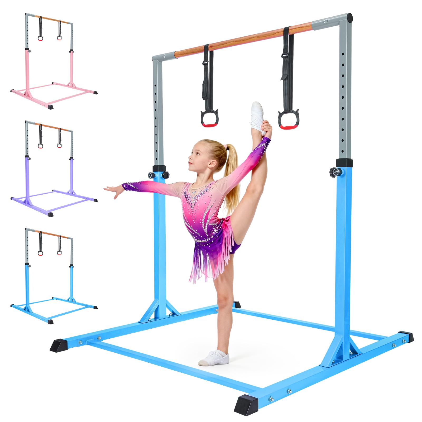 Minifactory Adjustable Gymnastics Bar for Kids Ages 3-15, Solid Wood Gymnastics Training Equipment with Rings, Height Adjustable 3ft–5ft Gym Bar for Home Use (Blue)