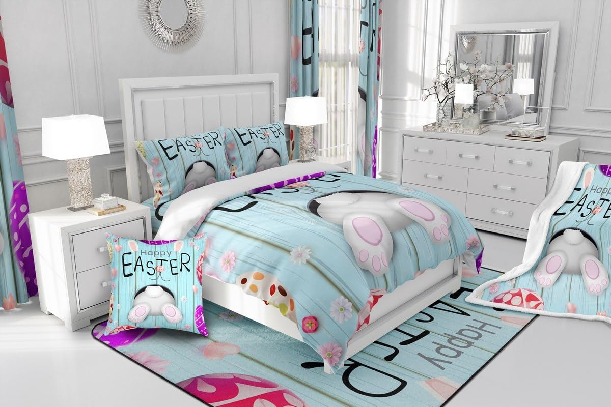 Easter Eggs Bedding Set Twin Size Rabbit Tail Duvet Cover Set for Girls Women Teens,Blue Wooden Plank Easter Backdrop Comforter Cover Set Easter Gifts for Kids,Cute Easter Decorations