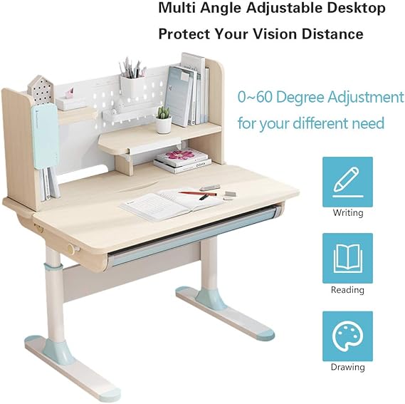 FCD Adjustable Height Kids Study Desk with Chair Drafting Table Computer Station Built-in Bookshelf Hutch Multi Function (Desk and Chair, Blue)