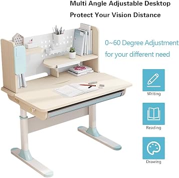 FCD Adjustable Height Kids Study Desk with Chair Drafting Table Computer Station Built-in Bookshelf Hutch Multi Function (Desk and Chair, Blue)