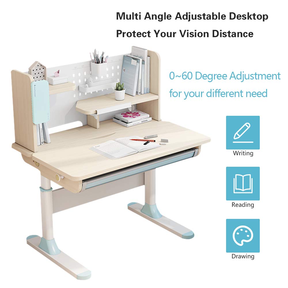FCD Adjustable Height Kids Study Desk with Chair Drafting Table Computer Station Built-in Bookshelf Hutch Multi Function Desk and Chair Blue product thumbnail 5