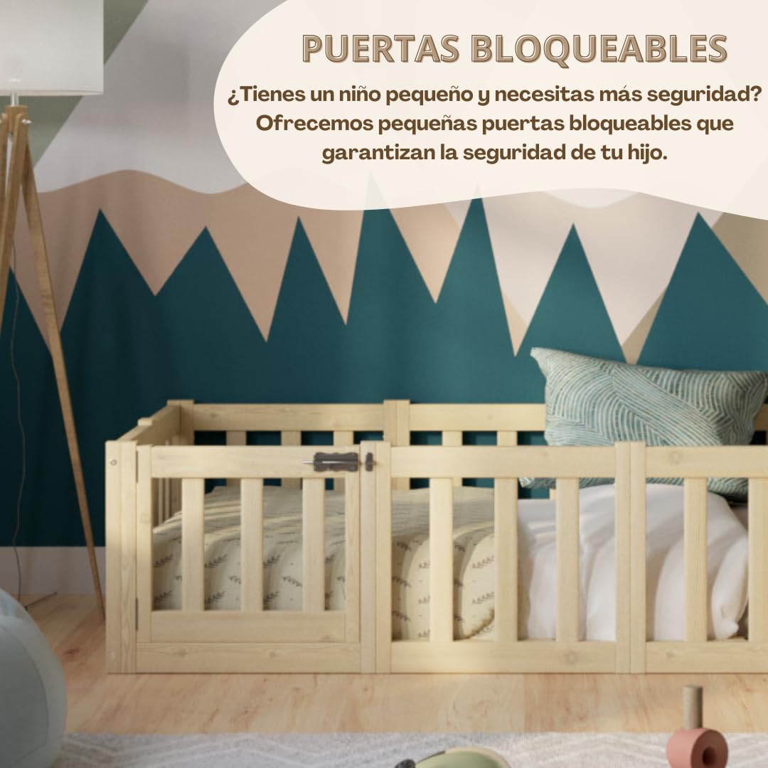 Cama Montessori 190x120 cm - Cama Infantil con Protección contra Caídas 40cm y Barrera Abrible - Camas Infantiles Superficie Lisa niños y niñas - Madera Natural