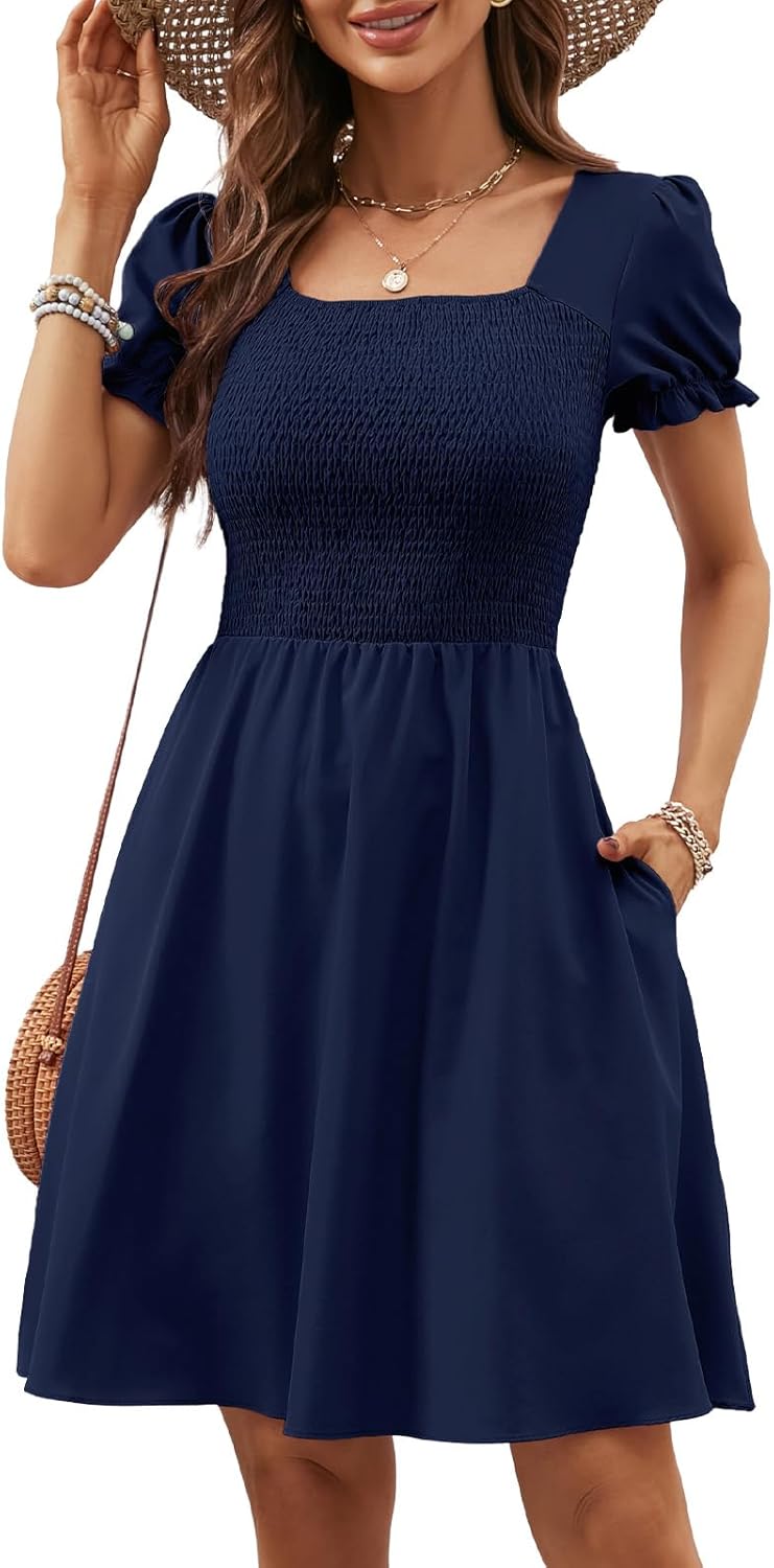 Berydress Women's Summer Dresses 2025 Pockets Short Sleeve Square Neck Flowy A Line Casual Beach Smocked Mini Sun Dress