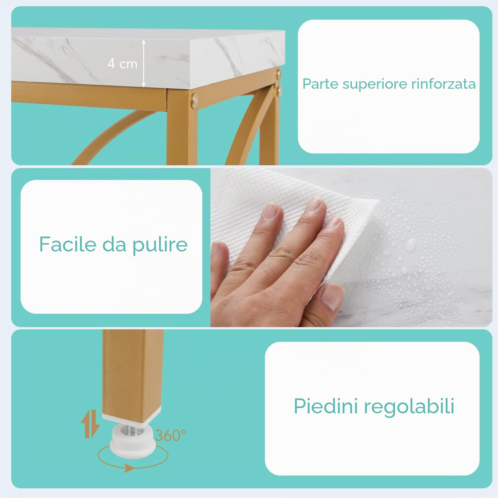 LIFEZEAL Consolle Ingresso Dorato, Lungo, 180x30x80cm, Tavolo Consolle a 2 Ripiani, con Effetto di Marmo, Moderno, Decorativo, Console Entrata, Corridoio, in Legno, Metallo, Max 50 kg, Oro e Bianco