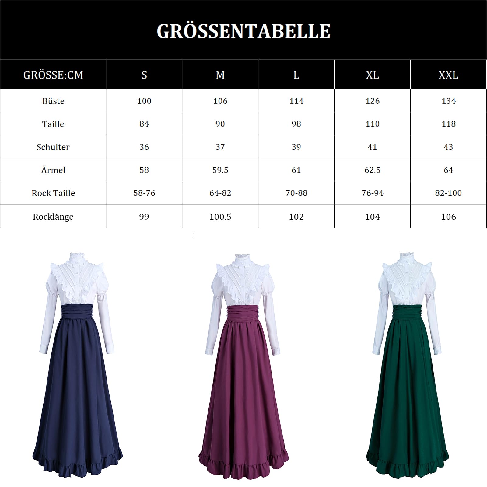 Fiamll Vêtements médiévaux pour femme - Robe de Renaissance médiévale - 2 pièces avec chemisier et jupes