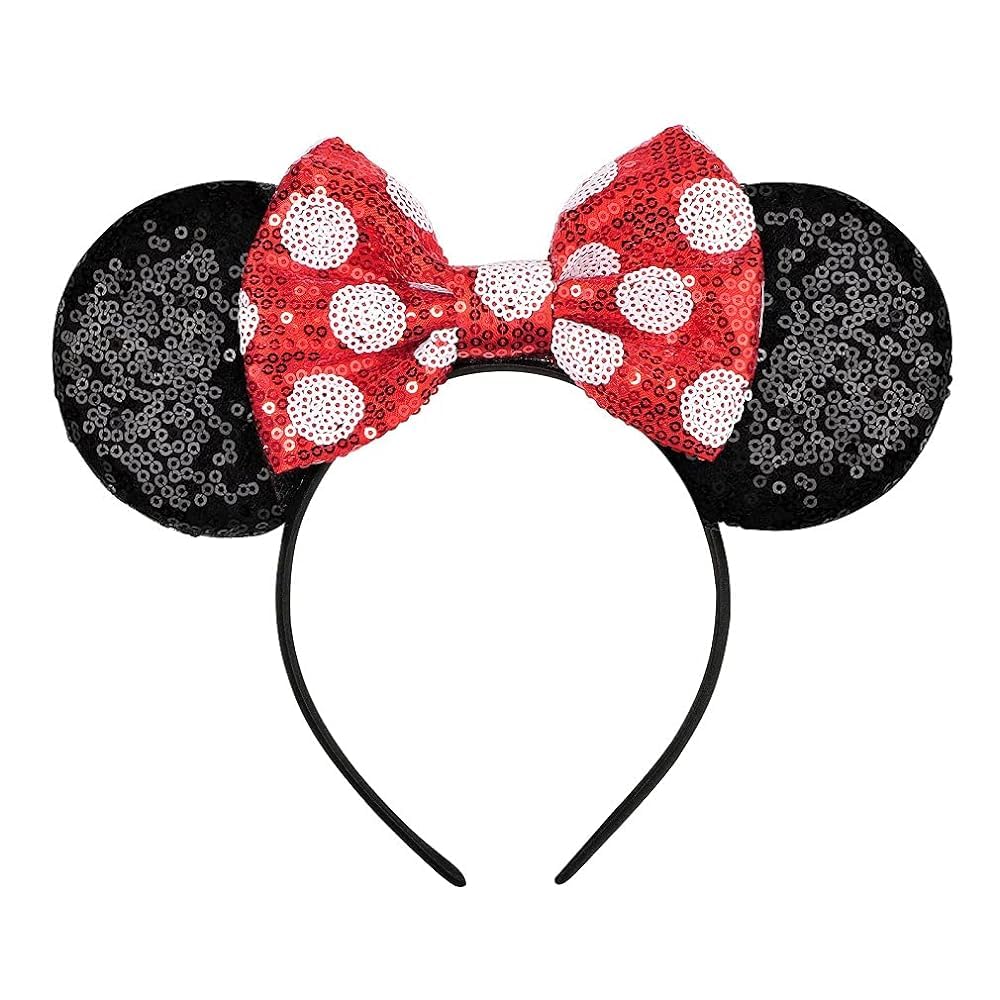 Mouse Ears Headband, Sequin Ears Headbands with Bow Princess Decoration Halloween Hairs Accessories for Girls Women Boys Birthday Party Cosplay Costume (Red Spot)