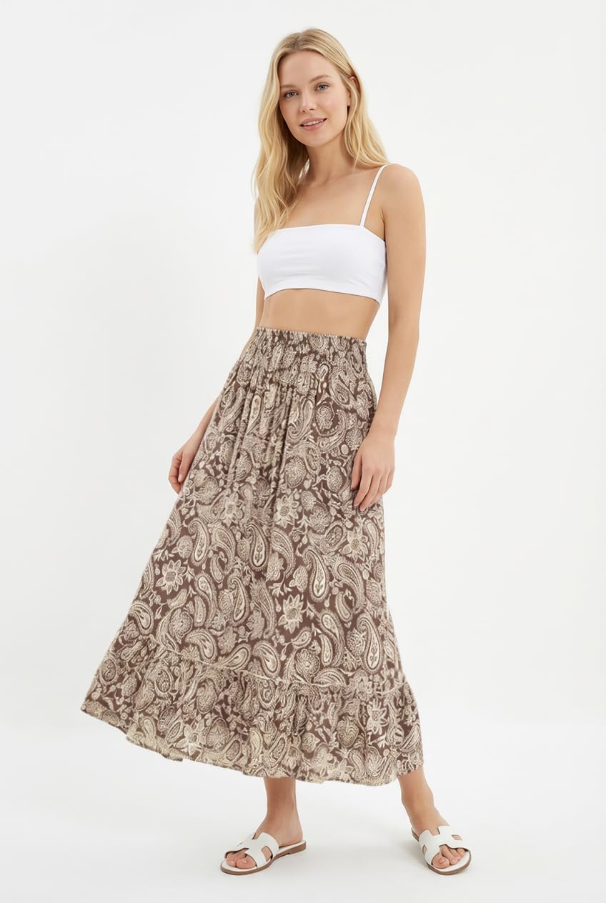 Bsubseach Womens Boho Floral Print Maxi Skirts Elastic High Waist Flowy A Line Long Midi Skirt with Pockets - Image 3