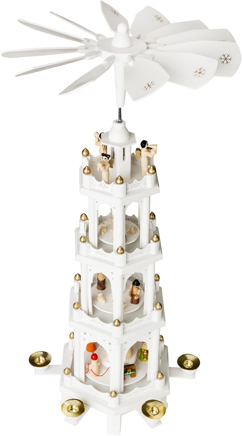 BRUBAKER Christmas Decoration Pyramid 24 Inches Nativity Play - 4 Tier Carousel with 6 Candle Holder and Handpainted Figures Designed in Germany