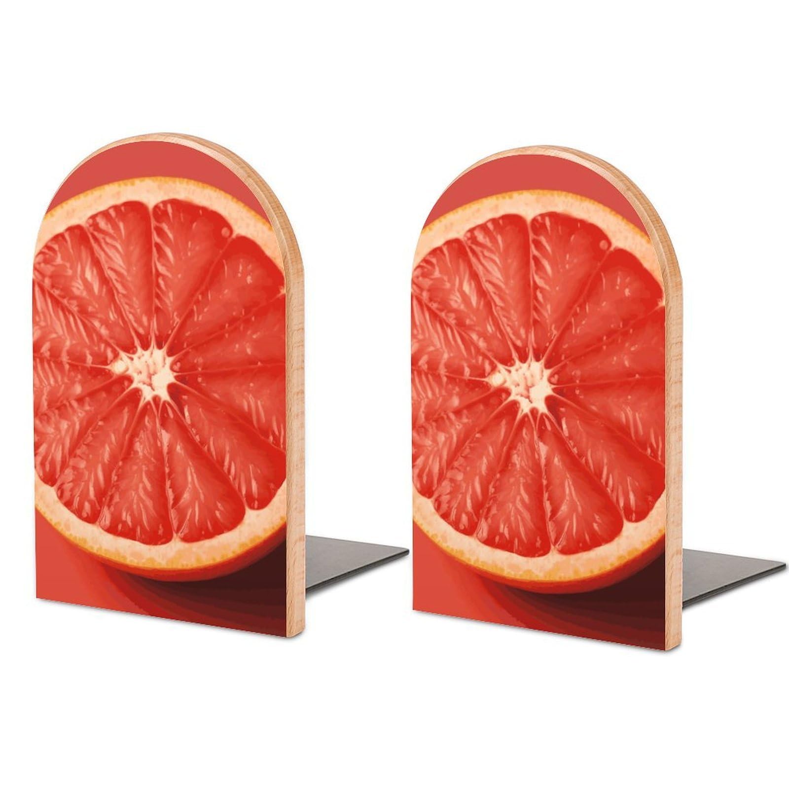 Pink Ripe Grapefruit Slice Book Ends for Shelves - 2 Pack Handmade Wooden Bookends with Metal Base, Sturdy Book Holder for Heavy Books Modern Decorative Book Stopper for Home Office