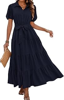 Womens Summer Dresses 2025 Short Sleeve Button Tie Waist Beach Vacation Clothes Boho Flowy Tiered Maxi Sundress